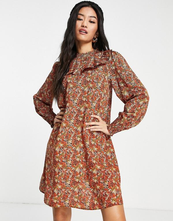 New Look long sleeve mini dress with collar detail in brown floral