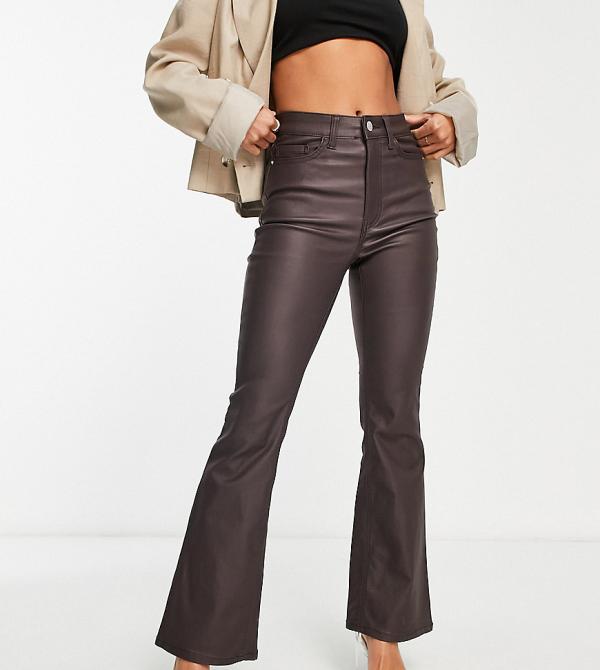 New Look Petite coated flare jeans in brown