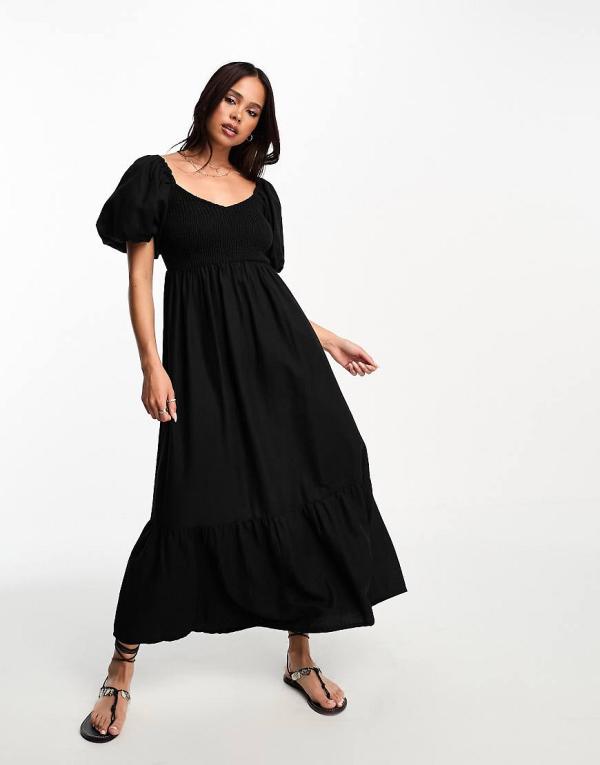 New Look puff sleeve shirred top midi dress in black