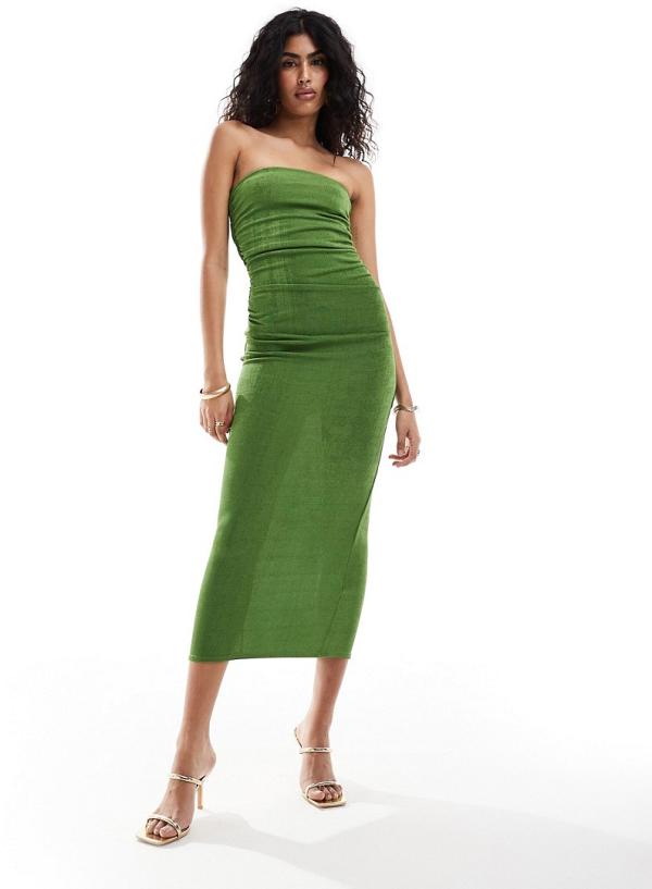 New Look ruched side bandeau midi dress in green