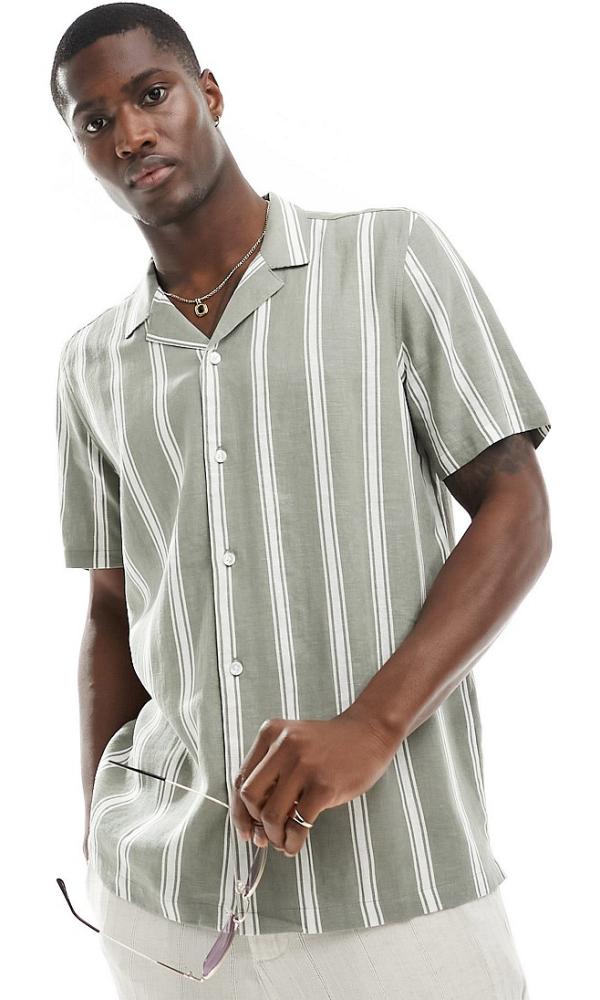 New Look short sleeved striped linen blend shirt in green