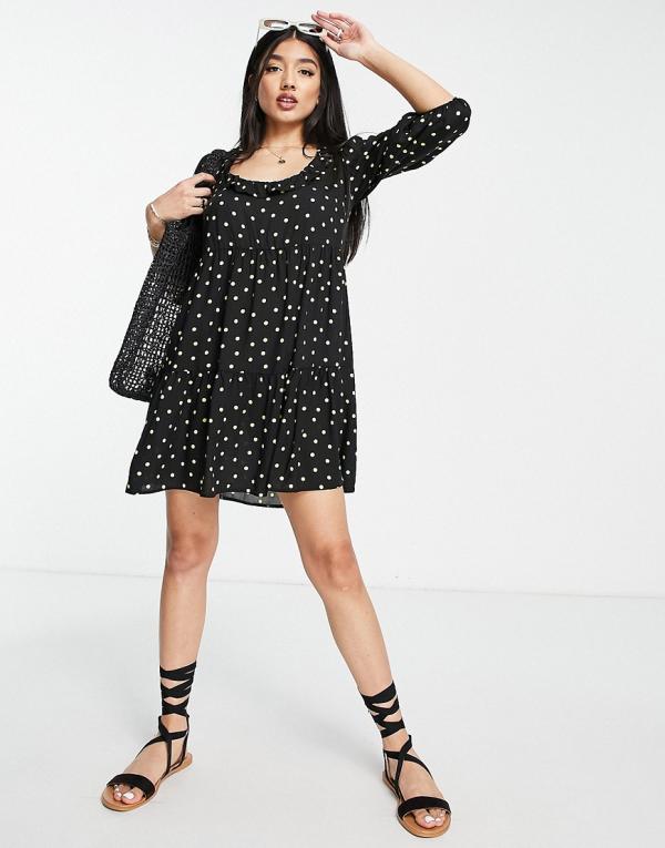 New Look square neck frill sleeve smock dress in black polka dot