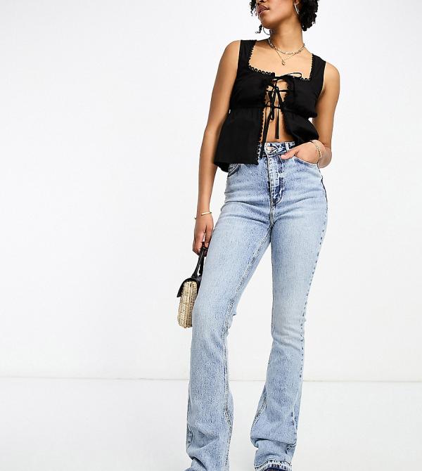 New Look Tall acid wash flared leg jeans with hem detail in blue-Black
