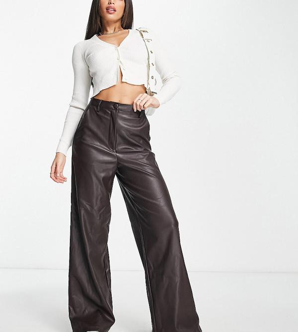 New Look Tall faux leather wide leg pants in brown