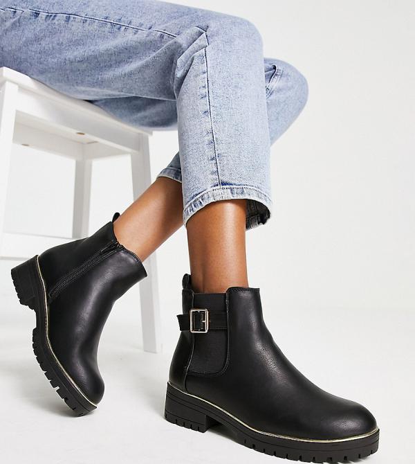 New Look Wide Fit flat chunky chelsea boots with buckle detail in black
