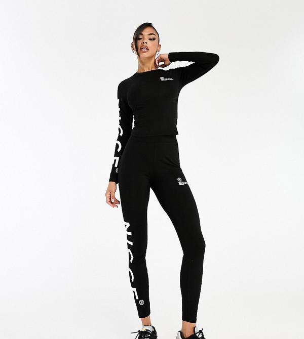 Nicce Mara leggings in black with placement print (part of a set)