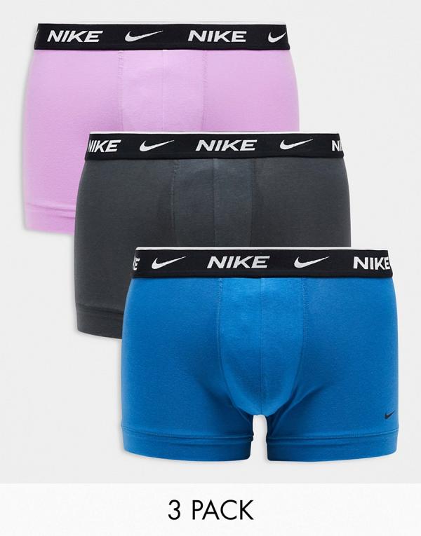 Nike Everyday Cotton Stretch trunks 3 pack in charcoal/blue/pink-Multi