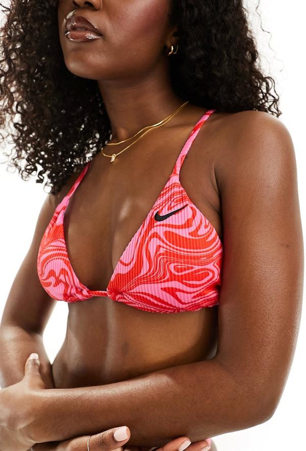 Nike Swimming Swirl retro print tie string bikini top in playful pink
