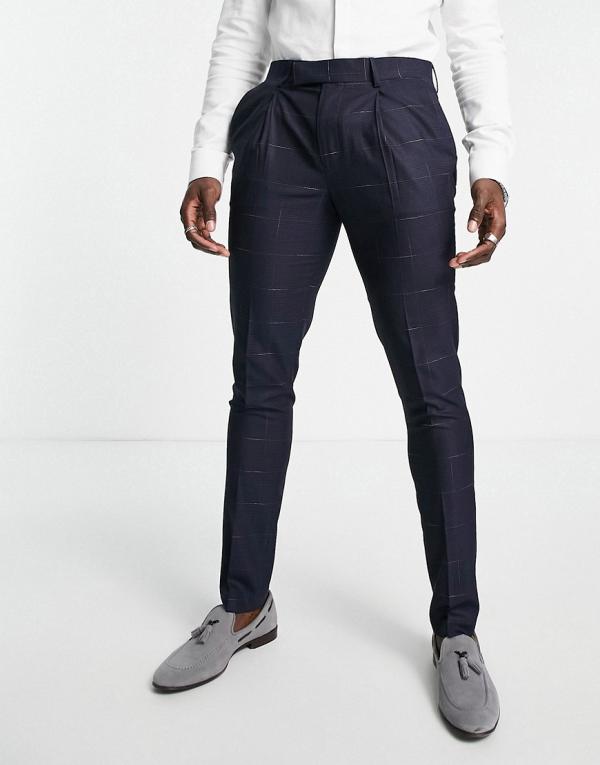 Noak skinny premium fabric suit pants in navy windowpane check with stretch