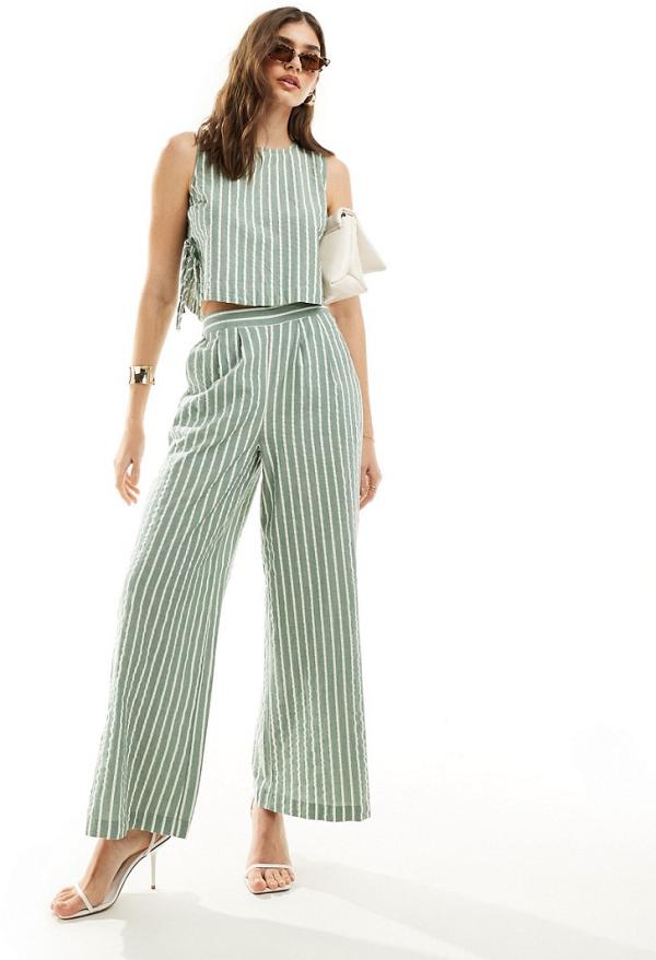 Nobody's Child Parker wide leg pants in green pinstripe (part of a set)