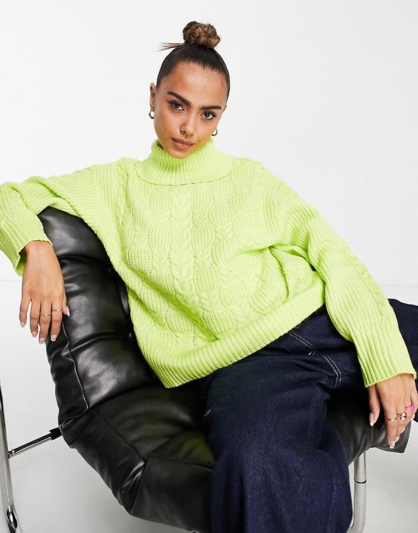Nobody's Child roll neck cable knit jumper in lime green