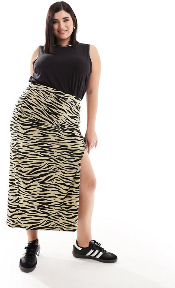 Noisy May Curve adjustable ruched midi skirt in beige zebra print-Black