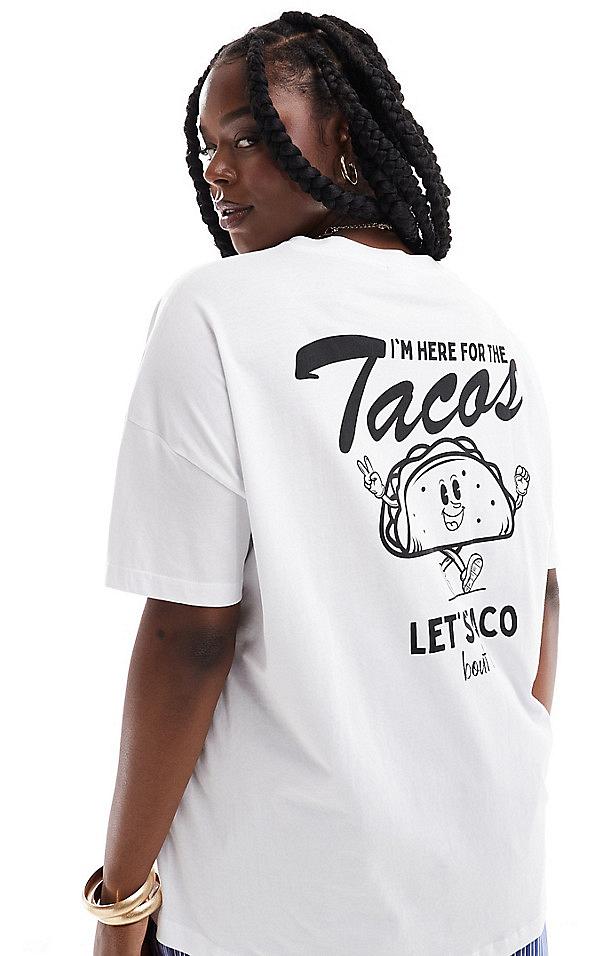 Noisy May Curve oversized t-shirt with taco back print in white