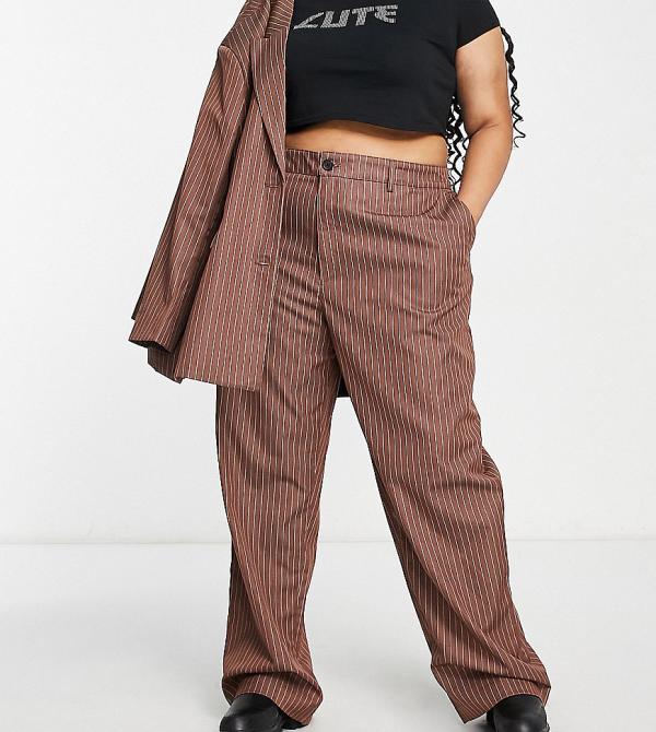 Noisy May Curve straight pants in tan pinstripe (part of a set)-Brown