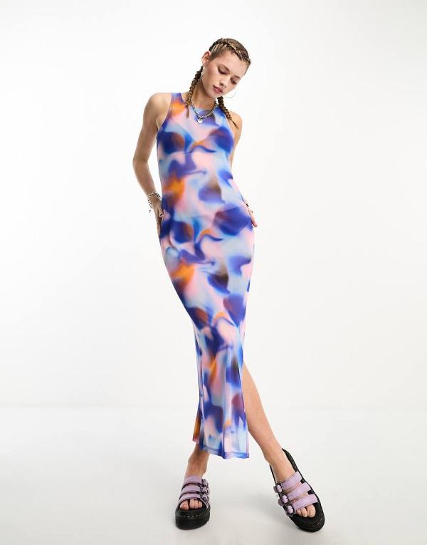 Noisy May mesh maxi dress with side slit in multi tie dye-Purple