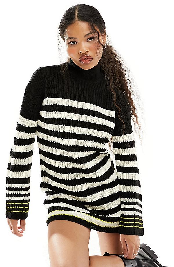 Noisy May Petite oversized sleeve mini jumper dress in black & white stripe