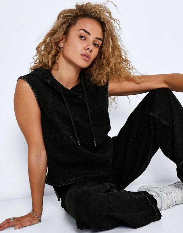 Noisy May sleeveless denim hoodie in washed black (part of a set)
