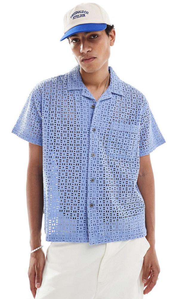 Obey embroidered open short sleeve shirt in blue
