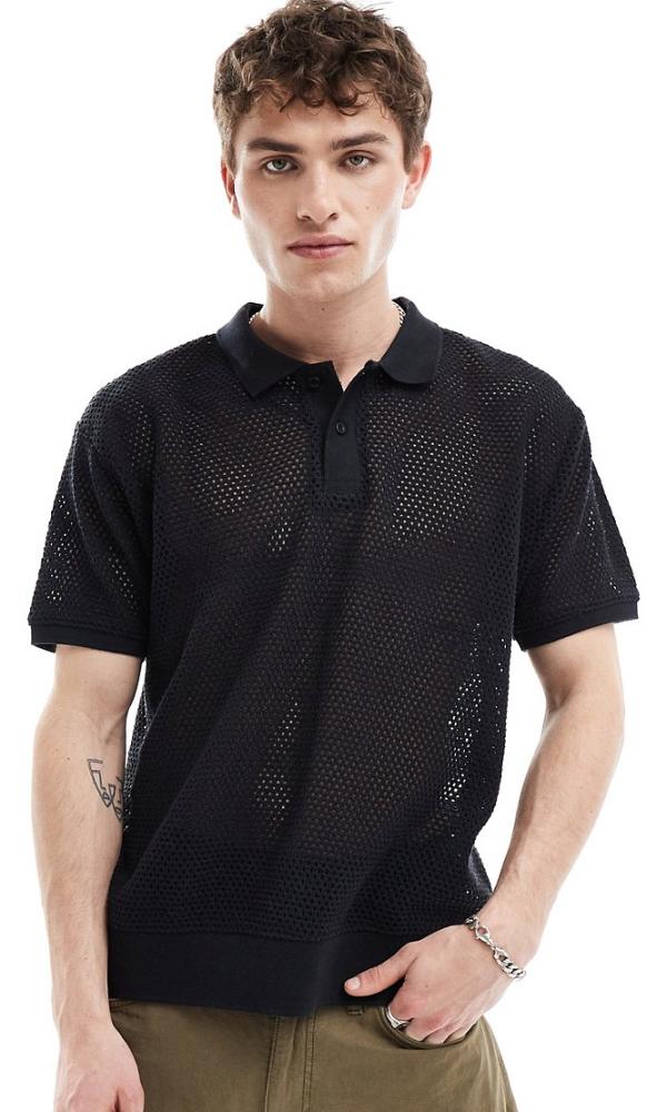Obey open stitch knitted polo in black