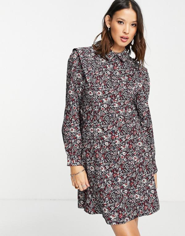 Object cotton long sleeve button front dress in floral - MULTI