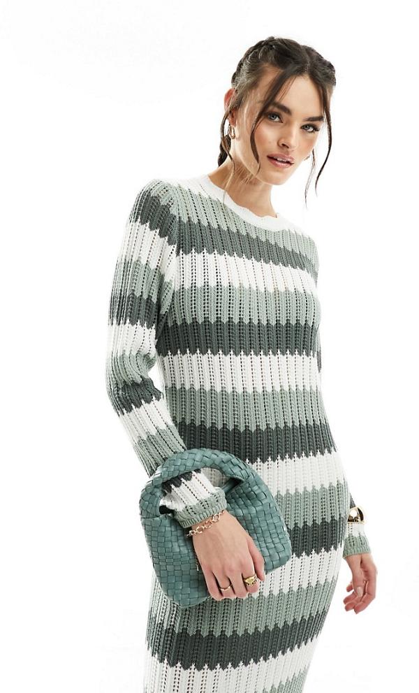 Object crochet knit maxi dress in sage green multi stripe