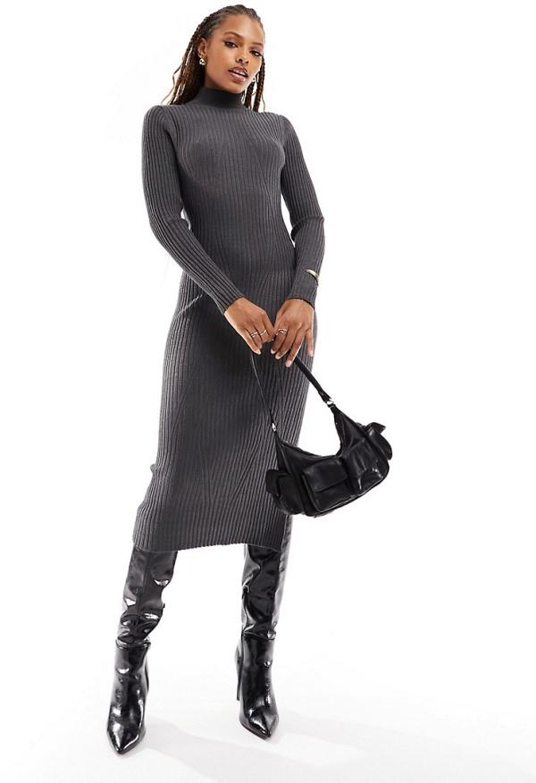 Object high neck ribbed knit bodycon midi dress with metallic shimmer in grey