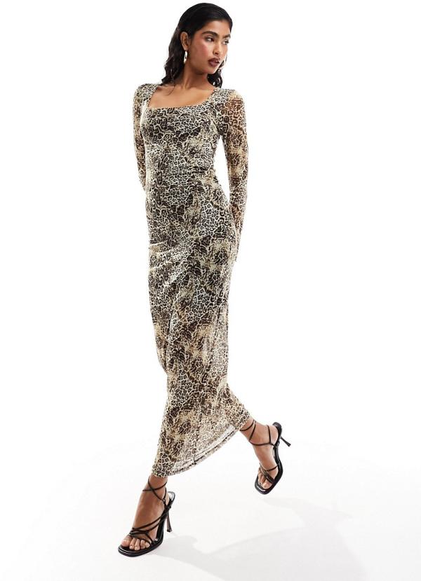 Object mesh square neck maxi dress in animal print-Neutral