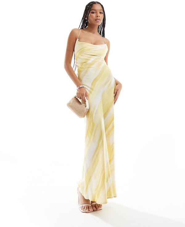Object satin low cross back maxi dress in yellow abstract print