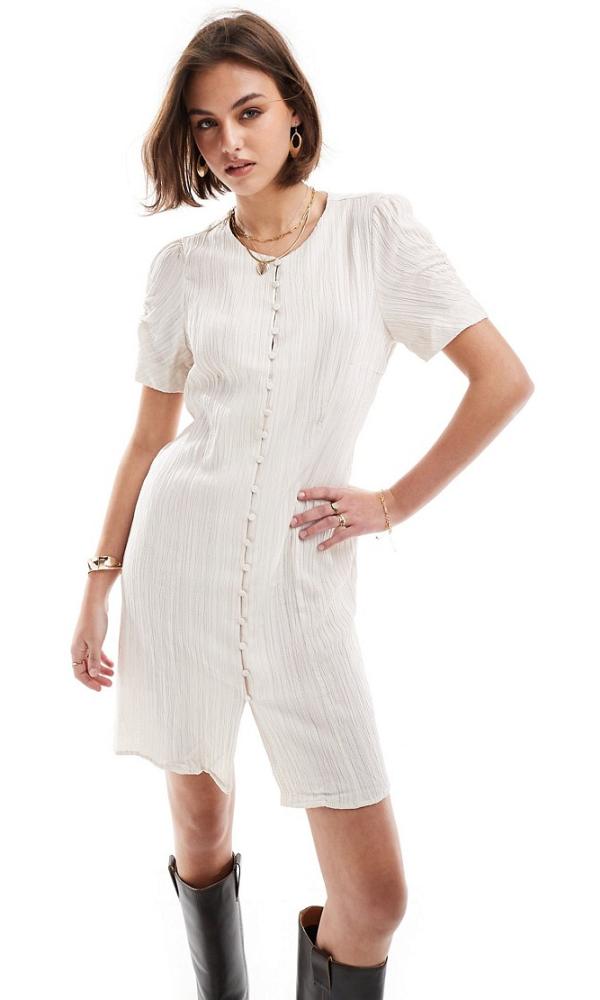 Object textured button down mini dress in off white