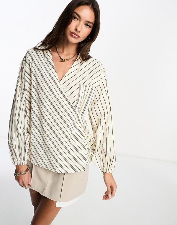 Object wrap front shirt in mixed neutral stripe-White