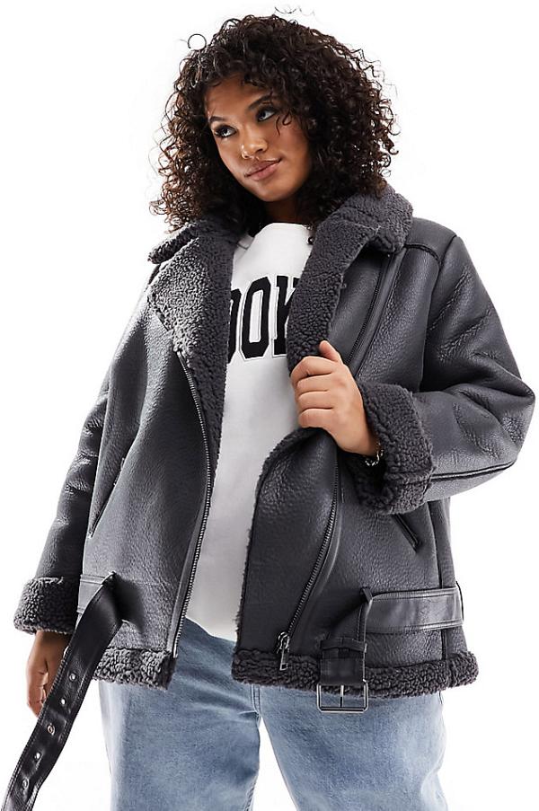 Only Curve faux leather aviator jacket in charcoal-Grey