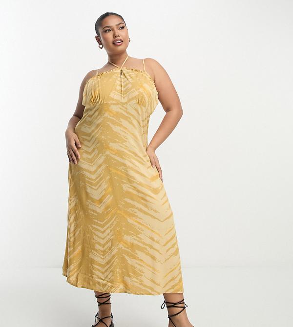 Only Curve printed strappy midi dress in mustard-Yellow