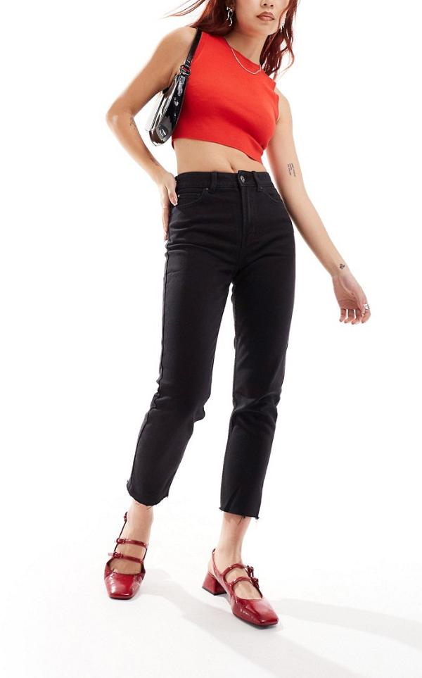 Only Emily high waisted straight leg jeans with raw hem in black