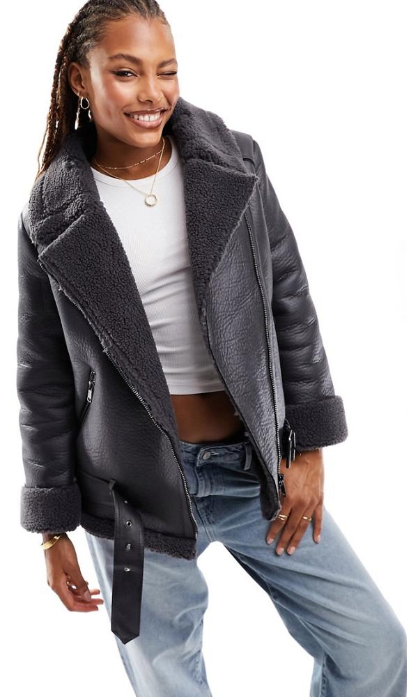 Only faux leather aviator jacket in charcoal-Grey