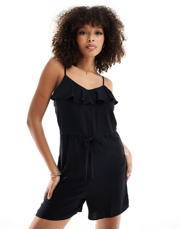 ONLY frilled tie front playsuit in black