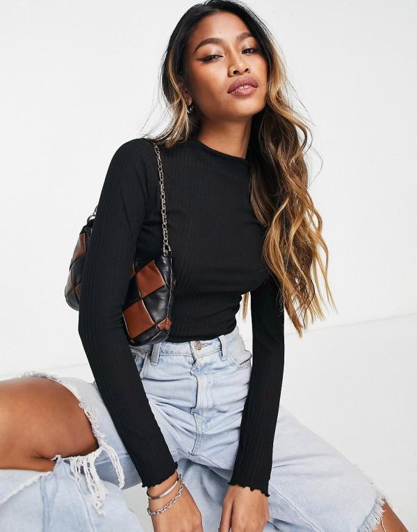 Only lettuce edge high neck ribbed top in black