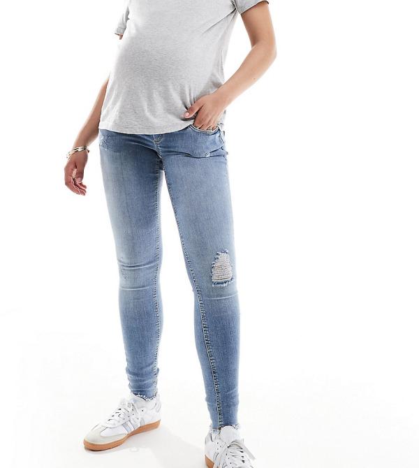 ONLY Maternity Blush skinny jeans with frayed hem in mid blue