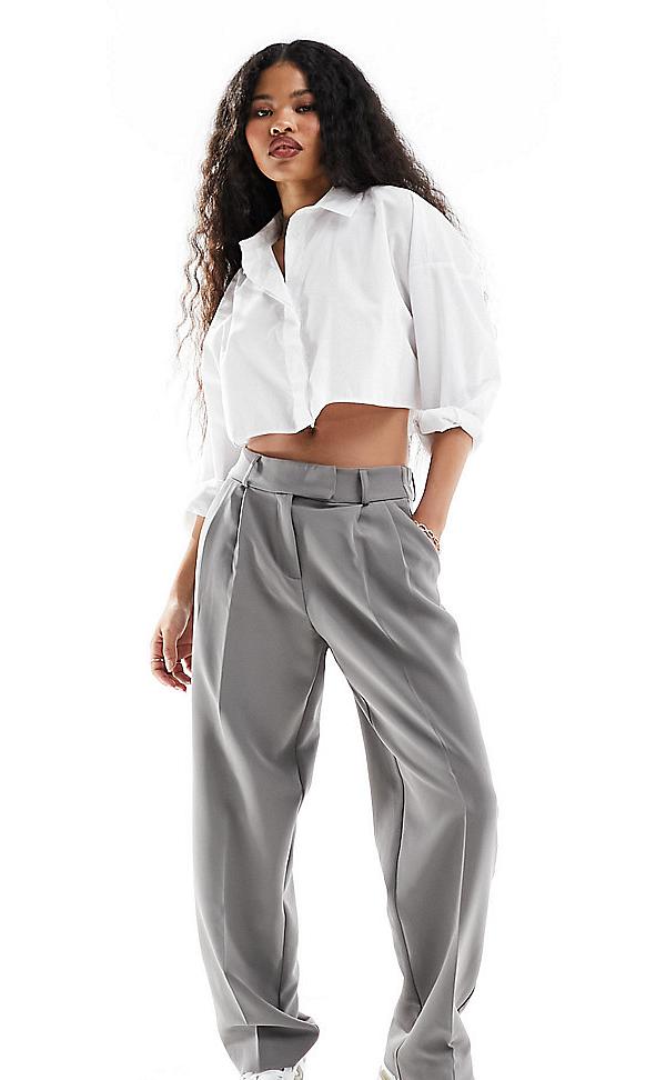 Only Petite tailored straight leg dad pants in grey