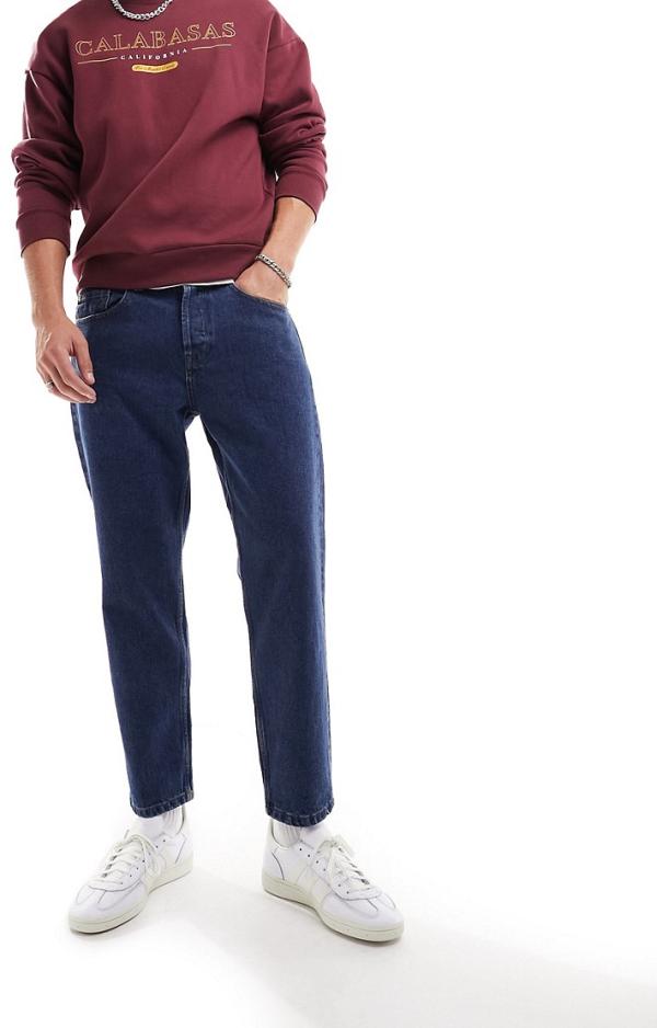 Only & Sons Avi rigid tapered fit cropped jeans in mid wash-Blue