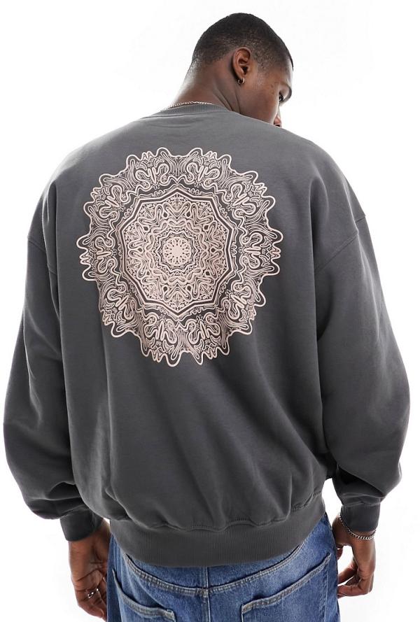 Only & Sons boxy fit sweater with mandala back print in washed grey
