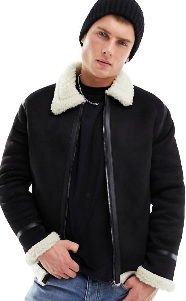 Only & Sons faux suede aviator jacket with borg lining in black