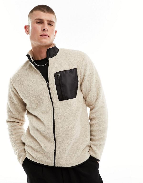 Only & Sons fleece full zip jacket in beige-Neutral