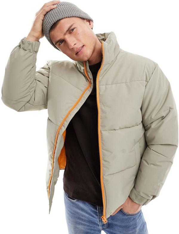 Only & Sons heavyweight boxy cropped puffer jacket in beige-Neutral