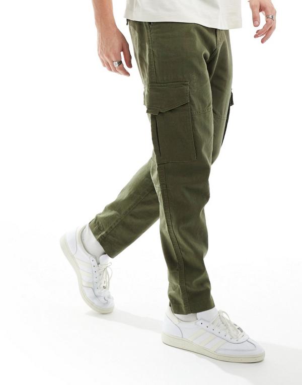 Only & Sons linen mix tapered cargo pants in khaki-Green