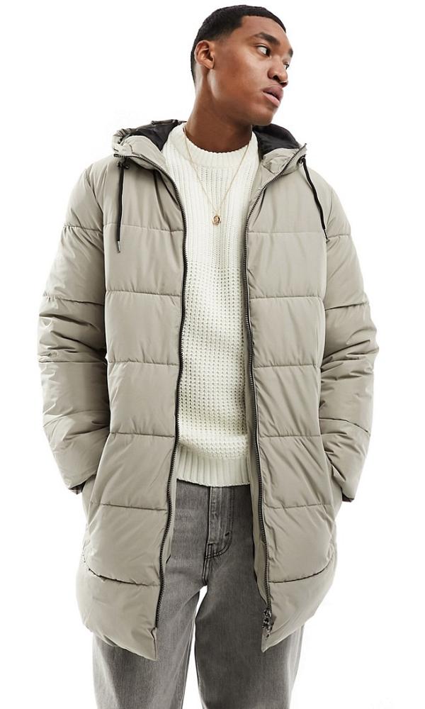 Only & Sons longline hood puffer jacket in beige-Neutral