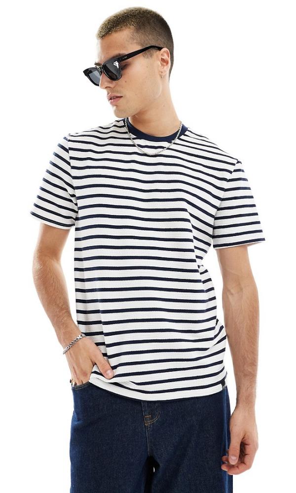 Only & Sons regular fit seersucker t-shirt in white and black stripe-Multi