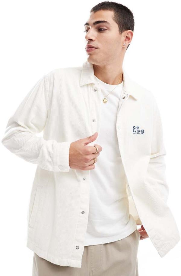 ONLY & SONS relaxed fit cord overshirt with 5th Ave embroidery in cream-White