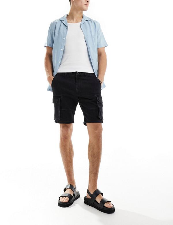 Only & Sons slim fit denim cargo shorts in washed black