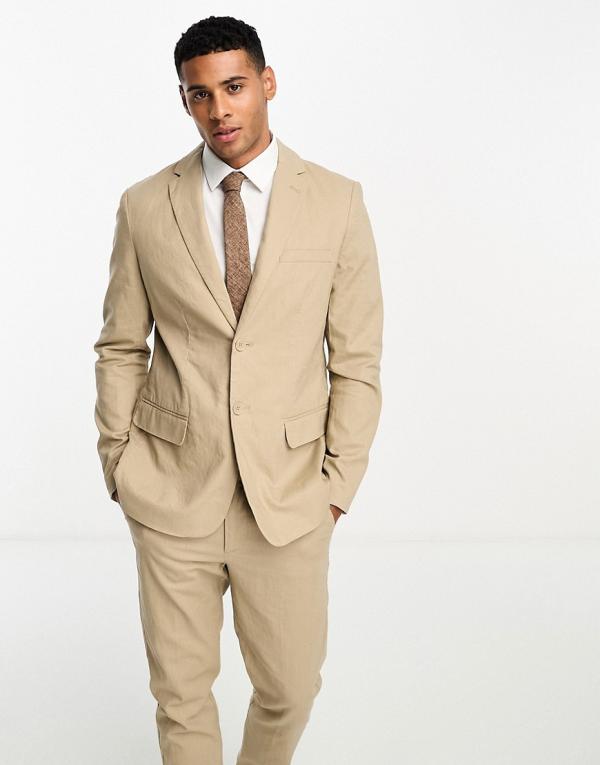 Only & Sons slim fit linen mix suit jacket in beige-Neutral