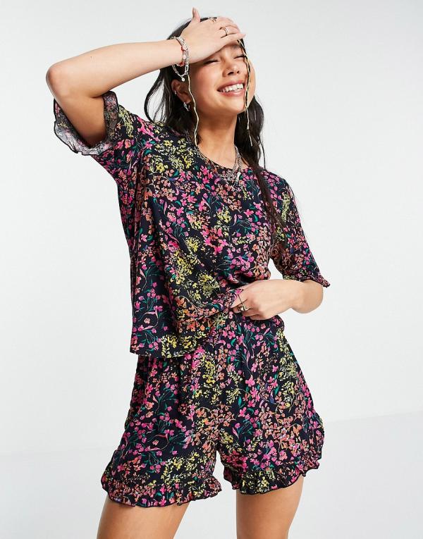 Only t-shirt co-ord with frill sleeve in navy floral-Multi